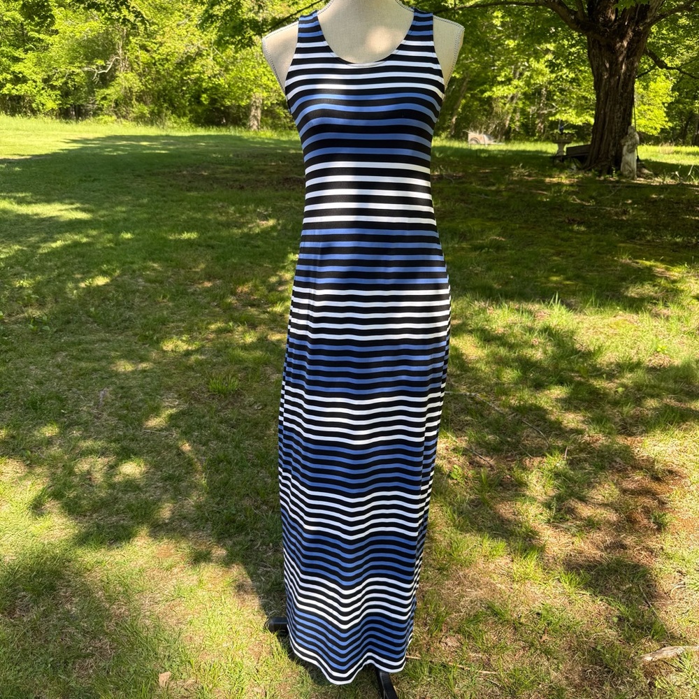 SARA CAMPBELL DRESS MAXI BLACK WHITE BLUE STRIPES SLEEVELESS USA SIZE S